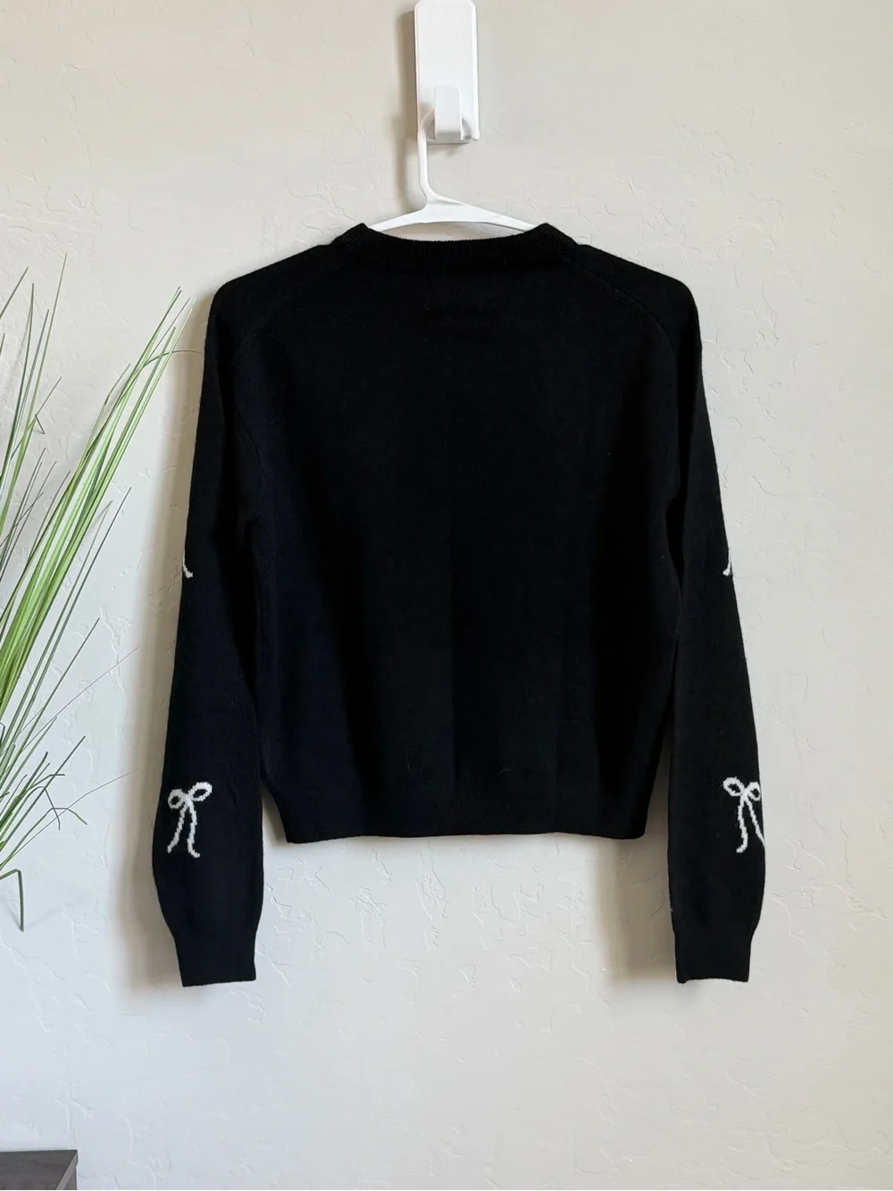 J.Crew Collection 100% Cashmere Bow Sweater Black White Ribbon Print